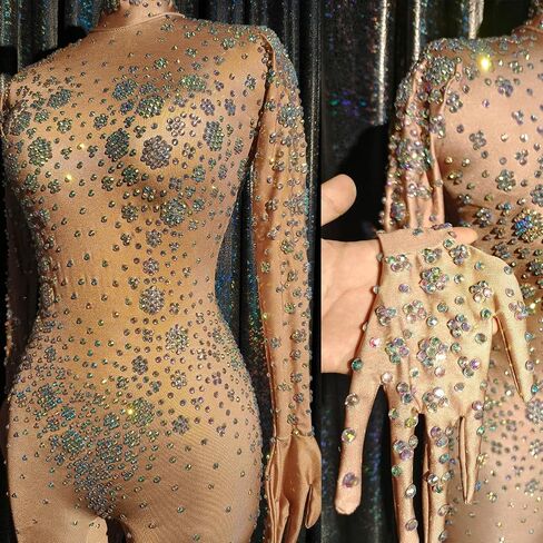 Sexy Glitter Rhinestones Nude Gloves Jumpsuit Stretch Dance Bodysuit Singer Stage Birthday Drag Queen Costume Wear in Saudi Arabia