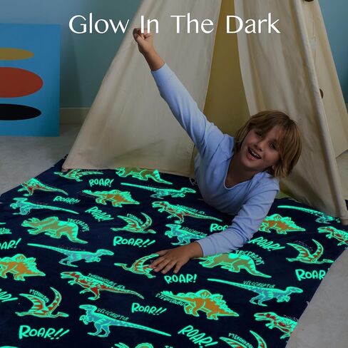 Joiedomi Glow in The Dark Blanket - Dinosaur Gift for Girls Boys Age 2 3 4 5 6 7 8 9 10 11 12 Year Old - Soft Cozy Flannel Kids Throw Blanket, Birthday Bedroom Decor 50"×60" in Saudi Arabia
