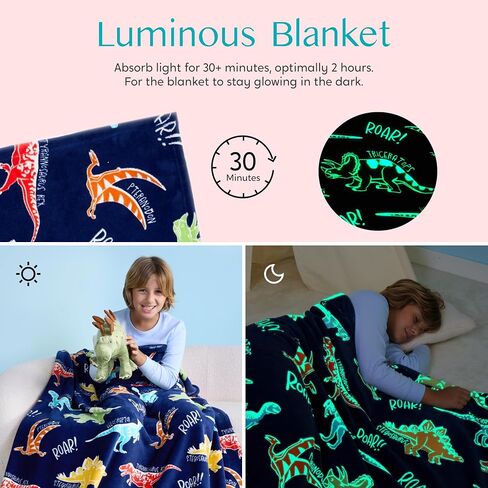 Joiedomi Glow in The Dark Blanket - Dinosaur Gift for Girls Boys Age 2 3 4 5 6 7 8 9 10 11 12 Year Old - Soft Cozy Flannel Kids Throw Blanket, Birthday Bedroom Decor 50"×60" in Saudi Arabia