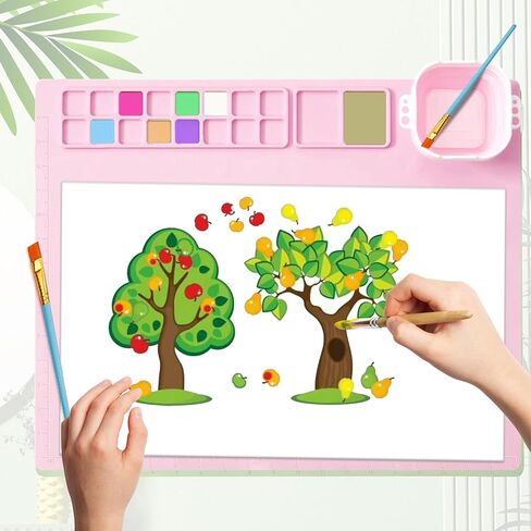 TRTYEF Silicone Painting Mat, 16 Color Dividers Craft Art Mat with Collapsible Cup, 20"X16" Silicone Paint Palette for DIY, Clay, Painting and Crafts (Pink) in Saudi Arabia