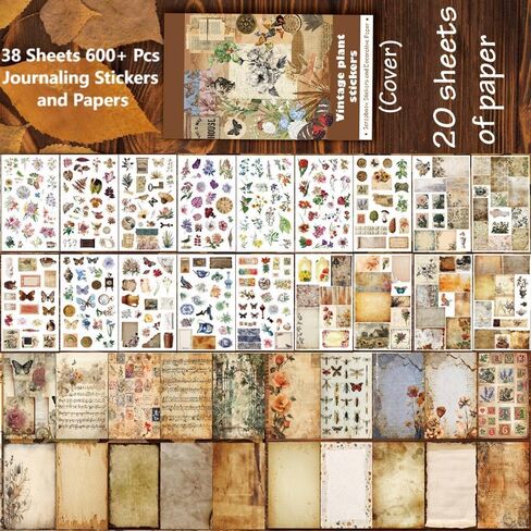 347Pcs Journaling Stickers and 20 Sheets Scrapbook Paper, Vintage Scrapbooking Kit, Plant Flower Butterfly Background Ephemera for Junk Journal Supplies, Planners, Bujo, Collage Art in Saudi Arabia