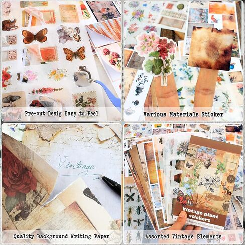 347Pcs Journaling Stickers and 20 Sheets Scrapbook Paper, Vintage Scrapbooking Kit, Plant Flower Butterfly Background Ephemera for Junk Journal Supplies, Planners, Bujo, Collage Art in Saudi Arabia