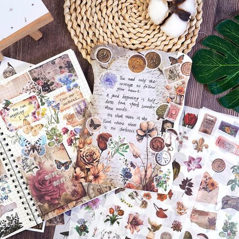 347Pcs Journaling Stickers and 20 Sheets Scrapbook Paper, Vintage Scrapbooking Kit, Plant Flower Butterfly Background Ephemera for Junk Journal Supplies, Planners, Bujo, Collage Art in Saudi Arabia