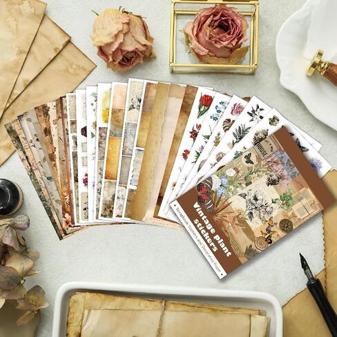 347Pcs Journaling Stickers and 20 Sheets Scrapbook Paper, Vintage Scrapbooking Kit, Plant Flower Butterfly Background Ephemera for Junk Journal Supplies, Planners, Bujo, Collage Art in Saudi Arabia
