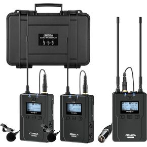 Wireless Lavalier Microphone, Comica CVM-WM200A 96-Channel UHF Wireless Lapel Microphone System for Cameras/XLR Camcorders Interview Youtube Video Recording, Dual Lav Mic with 394FT Transmission