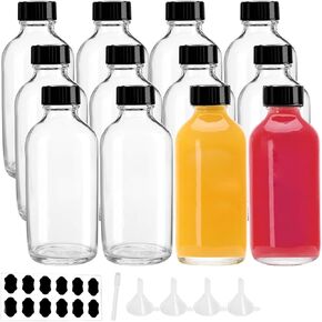 12 pack 2 oz Clear Glass Bottle With Black Poly Cap, Funnel, Boston Round Sample Bottles for Syrup, Homemade Vanilla Extract, Essential Oils, Wedding Christmas Decor