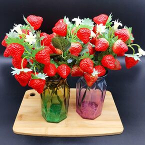 11" Artificial Strawberries Decor 2 Bunches Fake Strawberry Branch Beautiful Red Strawberry Branches Decoration for Home Holiday Farmhouse Table Centerpiece and Home Decoration