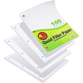 Emraw 4-1" Filler Paper Quad Ruled Loose Leaf Filler Papers Comes with a 3 Hole Punch Perfect for Data and 2D Graphs 200 Papers - 2 Pakcs of 100)