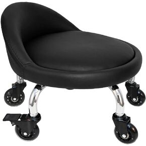 Rolling Stool with Backrest 450 Lbs High Weight Capacity PU Leather Roller Seat and Heavy-Duty Crystal Universal Wheels for Men Women Boy Girl Furniture Gift, Home Office Black