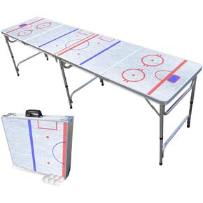 8-Foot Folding Beer Pong Table - Choose Table Model (Base, Cup Holes, LED Lights, Cup Holes & LED Lights) - Hockey Rink Edition