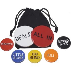 مجموعة أزرار Texas Hold'em Poker المكونة من 7 قطع (الموزع، الكل في، Small Blind، Big Blind، Missed Blind، Reserved، Kill) مع حقيبة مخملية سوداء