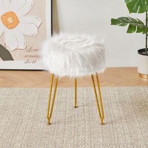 IBUYKE Faux Fur Vanity Stool Chair, Furry Makeup Stool Ottoman, Soft Padded Seat, Round Footrest Footstools with 4 Metal Legs, for Living Room Bedroom Entryway, Pink LG-32P