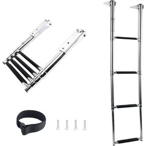 DasMarine 4 Step Boat Ladder 316 Stainless Steel Telescoping Ladder, 900 Pound Capacity for Marine Yacht/Swimming Pool with Retaining Strap (4 Step Ladder)