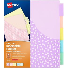 Avery Dividers for 3 Ring Binders, 5 Tab Binder Dividers, Plastic Binder Dividers with Pockets, Insertable Big Tabs, Pastel Classic Designs, Works with Sheet Protectors, 3 Sets (11255)