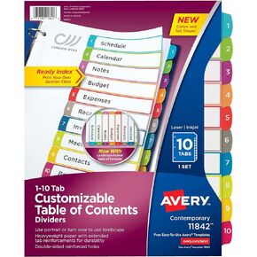 Avery 10 Tab Dividers for 3 Ring Binders, Customizable Table of Contents, Multicolor Tabs, 1 Set (11842)
