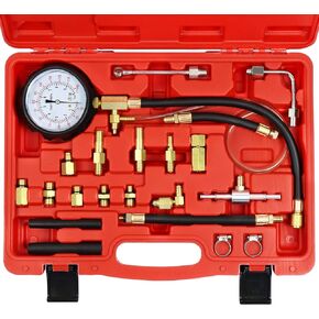 Fuel Injector Pump Pressure Gauge Tester Kit, Automotive Gas Gasoline Fuel Oil Injection Test Tool Set 0-140PSI, with Schrader Adapters Universal for Testing Auto Car Truck Motorcycle