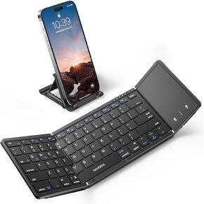 Samsers Foldable Bluetooth Keyboard with Touchpad, Full-Size Wireless Folding Keyboard with PU Leather, Portable Travel Keyboard for iOS Android Windows Mac OS, Support 3 Devices (BT5.1 x 3), Black