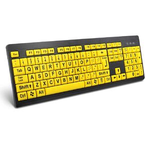 Large Print Computer Keyboard, Wired USB High Contrast Keyboard with Oversized Print Letters for Visually Impaired Low Vision Individuals (Yellow+Black)