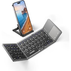 Samsers Foldable Bluetooth Keyboard with Touchpad - Portable Wireless Keyboard with Holder, Rechargeable Full Size Ultra Slim Pocket Folding Keyboard for Android Windows iOS Tablet & Laptop - Black