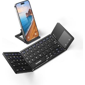 Samsers Foldable Bluetooth Keyboard with Touchpad - Portable Wireless Keyboard with Holder, Rechargeable Full Size Ultra Slim Pocket Folding Keyboard for Android Windows iOS Tablet & Laptop - Black