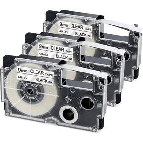 XR-9X2S XR-9X Label Tape Replace for Casio 3/8" 9mm Black on Clear Labeling Tape Compatible with Casio KL-120 KL-60 KL60SR KL100 KL750 KL780 KL7000 KL7200 Label Maker, 3-Pack