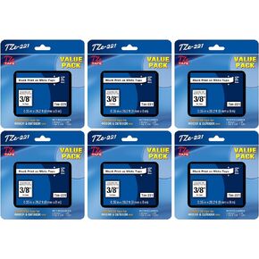 TZe-221 9mm 0.35" Label Tape, Black on White, Compatible for Brother TZe-221 TZe221 P Touch Label Maker Tape for Ptouch PT-D210 D200 D220 H110 D400 D600 PT1290, 6-Packs