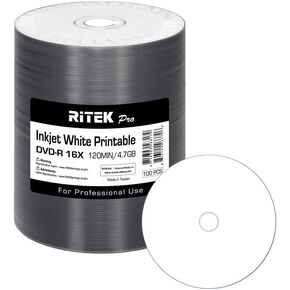 100 حزمة Ritek Pro (درجة احترافية) DVD-R 16X 4.7GB AZO Dye (MID MXL RG04) قرص نفث الحبر الأبيض قابل للطباعة قرص وسائط فارغ قابل للتسجيل