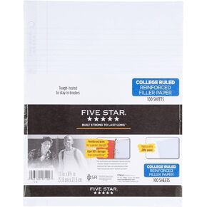 Five Star 17010 Reinforced Filler Paper, 20lb, College Rule, 11 x 8 1/2, White, 100 Sheets