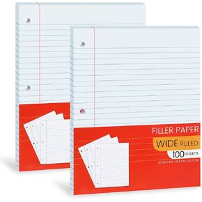 Notebook Paper Wide Ruled, Loose Leaf Paper Wide Ruled Notebook Paper Bulk, Lined Filler Paper for 3 Ring Binders - 10.5" X 8", for Student, College, School Classroom - 100 Sheets/Pack (2 Pack)