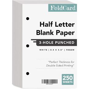 Dynamico Bright White Loose-Binder Paper, 8.5 x 5.5 Inches, 24lb Bond, 250 Pcs, Acid-Free