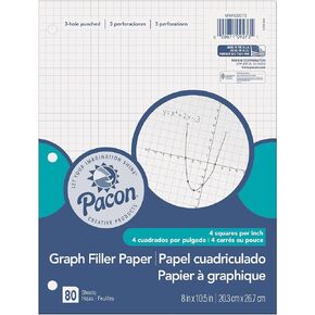 Pacon Filler Paper, White, 3-Hole Punched, 1/4" Grid Ruled 8" x 10-1/2", 80 Sheets