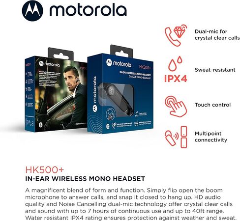 Motorola HK500+ Bluetooth Earpiece: Wireless Hands-Free Headset with Microphone, IPX4 Water Resistant, 7hr Battery Life, for Phone Calls, Compatible with iPhone and Cell Phones in Saudi Arabia