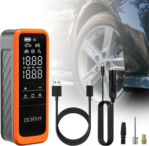 ضاغط هواء محمول منفاخ الإطارات، مضخة هواء لاسلكية محمولة بقوة 160 رطل لكل بوصة مربعة من OCHYIT مع 8000 مللي أمبير في الساعة و12 فولت تيار مستمر مضخة إطار إمداد طاقة مزدوجة للسيارة والدراجة النارية in Kuwait