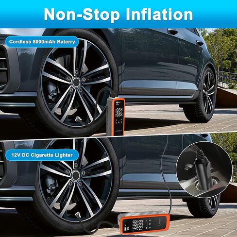 ضاغط هواء محمول منفاخ الإطارات، مضخة هواء لاسلكية محمولة بقوة 160 رطل لكل بوصة مربعة من OCHYIT مع 8000 مللي أمبير في الساعة و12 فولت تيار مستمر مضخة إطار إمداد طاقة مزدوجة للسيارة والدراجة النارية in Kuwait