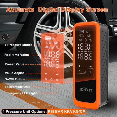 ضاغط هواء محمول منفاخ الإطارات، مضخة هواء لاسلكية محمولة بقوة 160 رطل لكل بوصة مربعة من OCHYIT مع 8000 مللي أمبير في الساعة و12 فولت تيار مستمر مضخة إطار إمداد طاقة مزدوجة للسيارة والدراجة النارية in Kuwait
