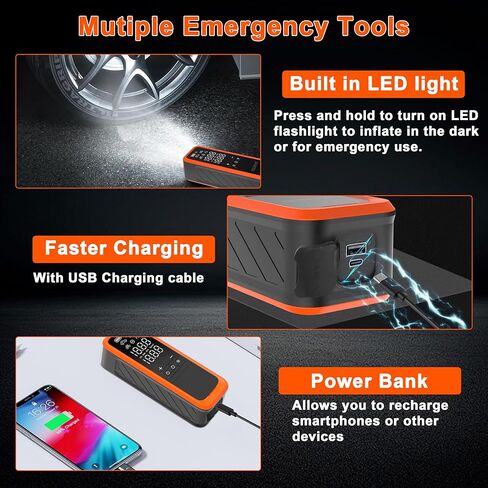 ضاغط هواء محمول منفاخ الإطارات، مضخة هواء لاسلكية محمولة بقوة 160 رطل لكل بوصة مربعة من OCHYIT مع 8000 مللي أمبير في الساعة و12 فولت تيار مستمر مضخة إطار إمداد طاقة مزدوجة للسيارة والدراجة النارية in Kuwait