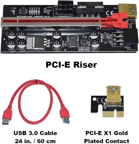 مجموعات PCI-E Riser لتعدين العملات المشفرة Ethereum Bitcoin Litecoin، X1 إلى X16، 8 مكثفات صلبة، مصابيح LED للحالة الوامضة، وحدة معالجة الرسومات الجرافيكية، كابل USB 3.0، VER009C-PLUS [عبوتان] in Kuwait