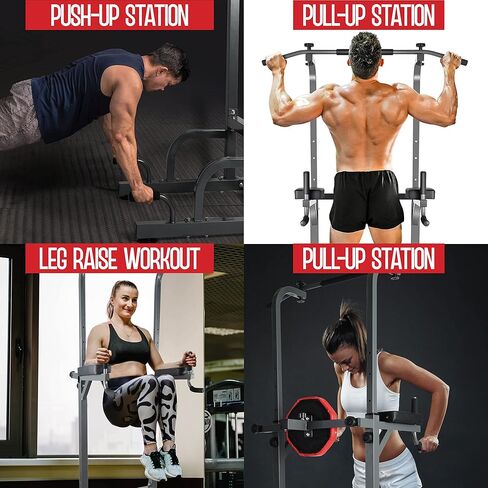 Sagler Power Tower - Power Station with Push Up Bars, Pull Up Bars, Dip Bar, Armrest & Back Cushion - Upper Body Strength Training Fitness Equipment - 400lbs Max Weight, Adjustable Frame, 58.5-89" in Kuwait