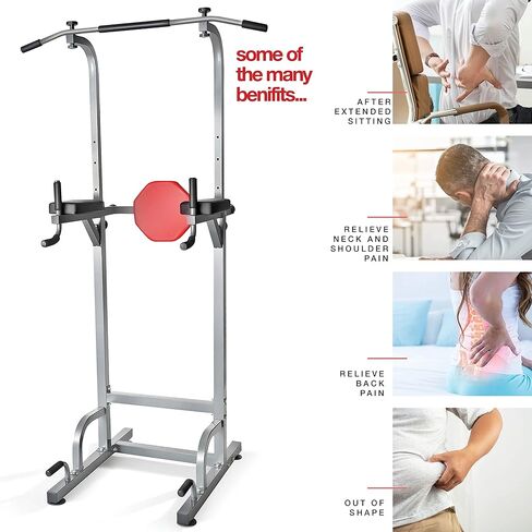 Sagler Power Tower - Power Station with Push Up Bars, Pull Up Bars, Dip Bar, Armrest & Back Cushion - Upper Body Strength Training Fitness Equipment - 400lbs Max Weight, Adjustable Frame, 58.5-89" in Kuwait