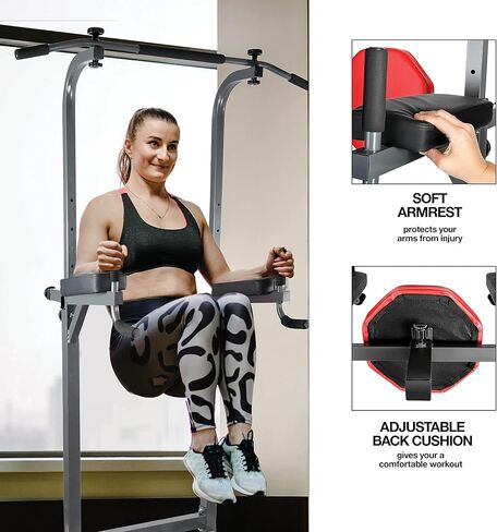 Sagler Power Tower - Power Station with Push Up Bars, Pull Up Bars, Dip Bar, Armrest & Back Cushion - Upper Body Strength Training Fitness Equipment - 400lbs Max Weight, Adjustable Frame, 58.5-89" in Kuwait