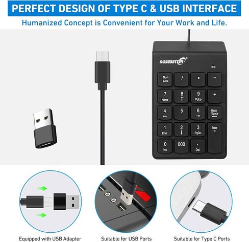 لوحة أرقام من النوع C، توصيل وتشغيل USB 19 مفتاحًا لوحة مفاتيح أرقام صغيرة للمحاسبة المالية لوحة أرقام للمكتب والمنزل ولوحة مفاتيح رقمية رفيعة محمولة للكمبيوتر المحمول والكمبيوتر اللوحي والنوت بوك (أسود) in Kuwait