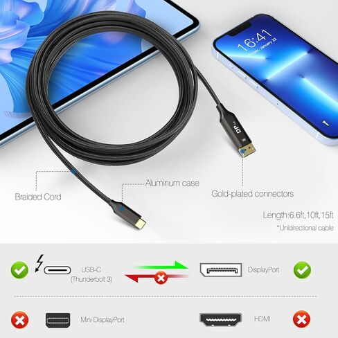 كابل USB C إلى DisplayPort 1.4 بطول 15FT - كابل Thunderbolt 4/3 إلى DP 1.4 متوافق مع MacBook Pro/Air وiPad Pro وiMac وOdyssey G9 - مثالي للألعاب والمكتب والمنزل in Kuwait