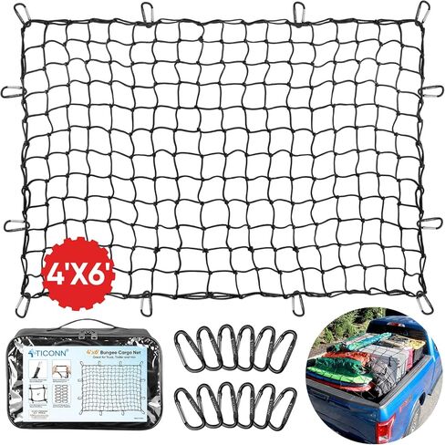 شبكة شحن TICONN مقاس 4 × 6 بوصة لسرير شاحنة الالتقاط - تمتد إلى 8 × 12 بوصة - شبكة شبكية مقاس 4 × 4 بوصة شبكة بنجي شديدة التحمل مع 12 حلقة تسلق معدنية in Kuwait