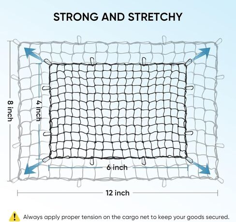 شبكة شحن TICONN مقاس 4 × 6 بوصة لسرير شاحنة الالتقاط - تمتد إلى 8 × 12 بوصة - شبكة شبكية مقاس 4 × 4 بوصة شبكة بنجي شديدة التحمل مع 12 حلقة تسلق معدنية in Kuwait