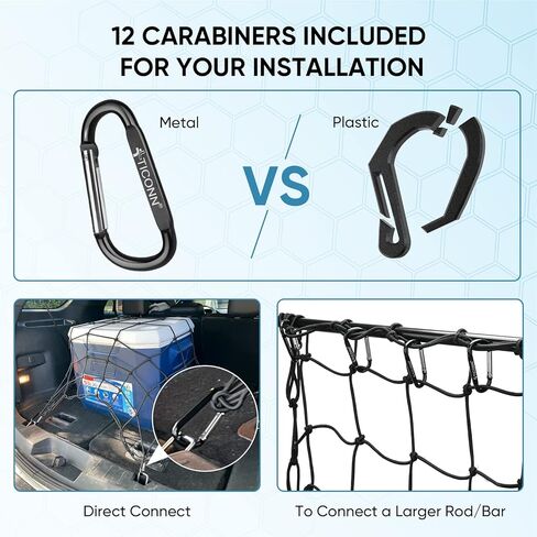 شبكة شحن TICONN مقاس 4 × 6 بوصة لسرير شاحنة الالتقاط - تمتد إلى 8 × 12 بوصة - شبكة شبكية مقاس 4 × 4 بوصة شبكة بنجي شديدة التحمل مع 12 حلقة تسلق معدنية in Kuwait