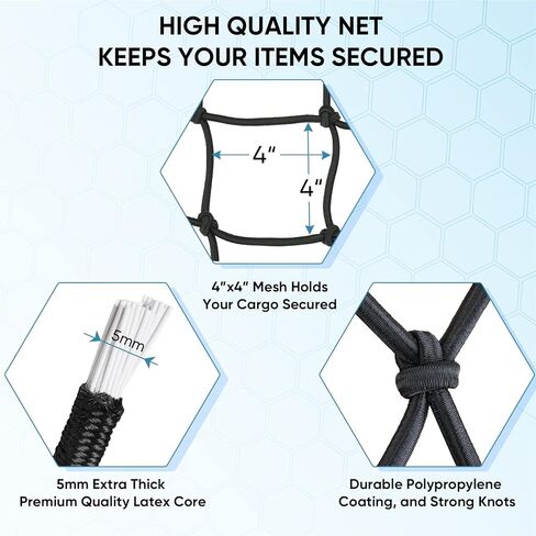 شبكة شحن TICONN مقاس 4 × 6 بوصة لسرير شاحنة الالتقاط - تمتد إلى 8 × 12 بوصة - شبكة شبكية مقاس 4 × 4 بوصة شبكة بنجي شديدة التحمل مع 12 حلقة تسلق معدنية in Kuwait