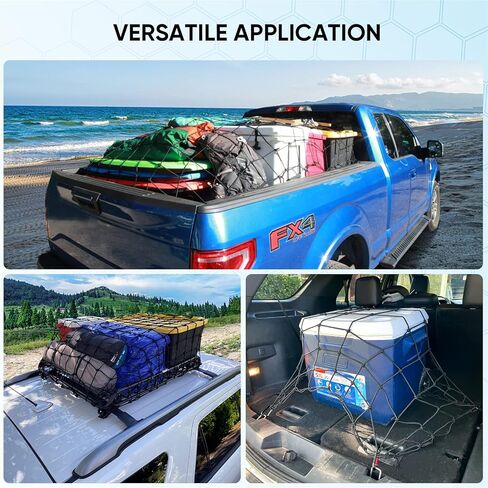 شبكة شحن TICONN مقاس 4 × 6 بوصة لسرير شاحنة الالتقاط - تمتد إلى 8 × 12 بوصة - شبكة شبكية مقاس 4 × 4 بوصة شبكة بنجي شديدة التحمل مع 12 حلقة تسلق معدنية in Kuwait