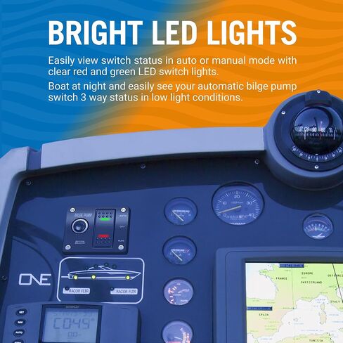 Bilge Pump Switch 3 Way with Panel and 12v LED Lights and Rocker Bilge Switch with Manual and Automatic for Auto Bilge Pump Float Switch Marine Grade for Boats in Saudi Arabia