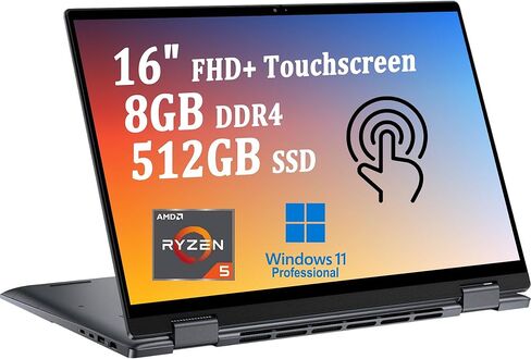 Dell Inspiron 16 7000 كمبيوتر محمول 2 في 1 I 16 بوصة FHD+ شاشة لمس 300nits I 6-Core AMD Ryzen 5 7530U (>i7-1255U) I 8GB DDR4 512GB SSD I قارئ بصمات الأصابع لوحة مفاتيح بإضاءة خلفية USB-C Win11 Pro in Kuwait