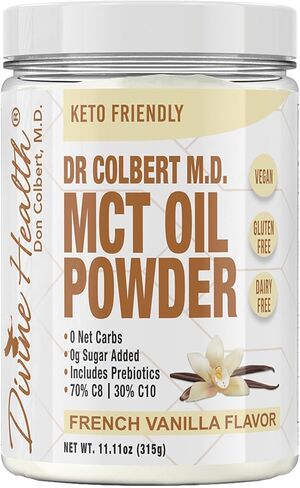 Keto Zone® MCT Oil Powder | French Vanilla | 315 G | 30 Day Supply | Dr. Colbert's Keto Zone Diet Book | Coffee Creamer | 70% C8 30% C10 | 0 Net Carbs in Kuwait